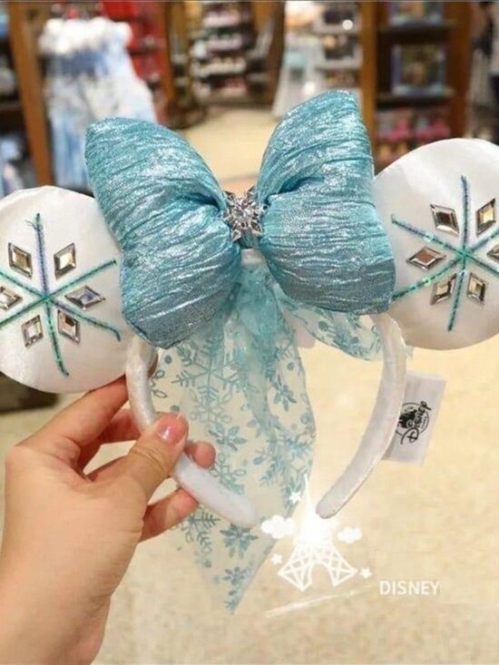 Disney Parks Frozen Elsa Blue White Snowflake Minnie Ears Bow Veil Headband
